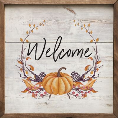 Welcome Bittersweet Wreath Whitewash Wall Sign