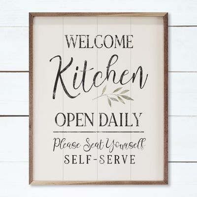 Welcome Kitchen Open Daily Greenery Whitewash Sign