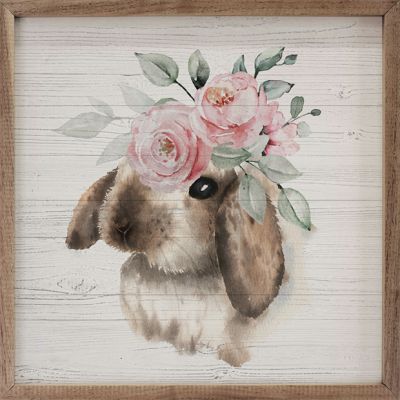 White And Brown Bunny With Flowers White Wall Art