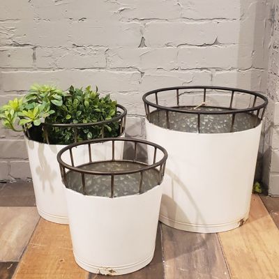 White Metal Bucket Planter Set of 3