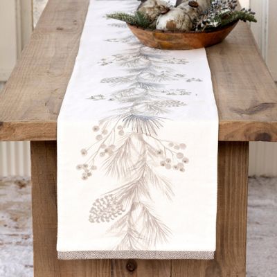 Winter Pine and Herringbone Embroidered Table Runner 72 Inch