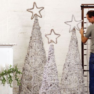 Winter Whitewash Tall Twig Topiary Trees Set of 3