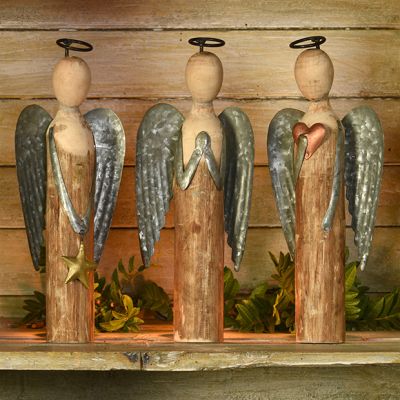 Wood and Metal Angel Figure Set of 3