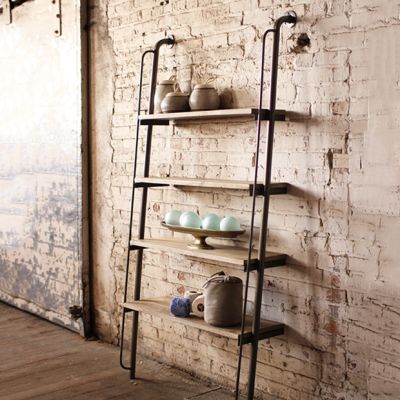Wood and Metal Leaning Wall Shelf Unit