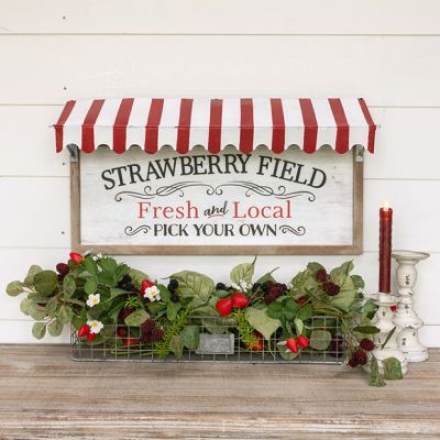 Wood and Metal Strawberry Field Sign With Striped Awning