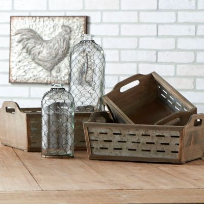 Wood and Tin Crates With Lattice Set of 3