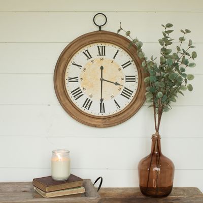 Wood Framed Antiqued Metal Wall Clock