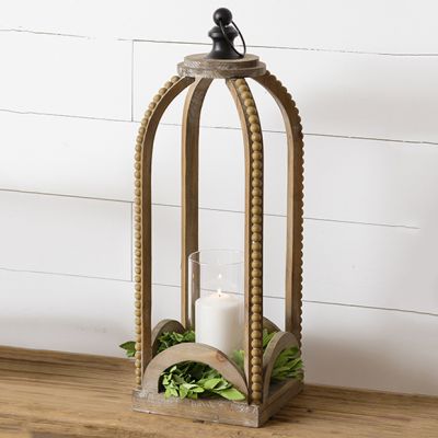 Wood Lantern With Beading Accents