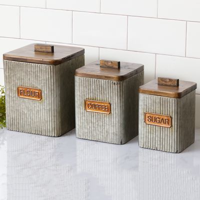 Wood Lidded Galvanized Kitchen Canisters Set of 3