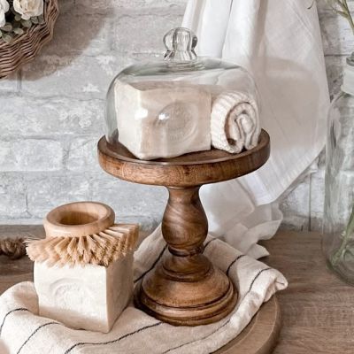 Wood Pedestal With Glass Cloche 