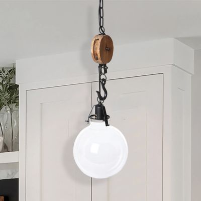 Wood Pulley Pendant Light With Round Globe