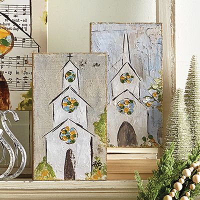 Wood Wall Decor With Painted Church Set of 2