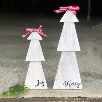 Wooden Tabletop Tree Merry and Joy Set of 2