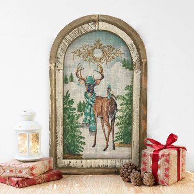 Woodland Deer Arched Linen Holiday Wall Decor