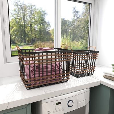Woven Bamboo and Metal Storage Basket Set of 2