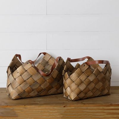 Woven Basket With Leather Handles Set of 2