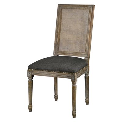 Woven Cane Back Dark Upholstered Chair