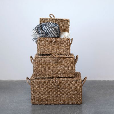 Woven Seagrass Handled Storage Box Set of 3