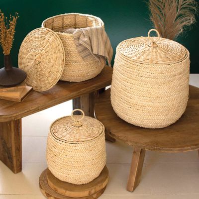 Woven Seagrass Lidded Hamper Baskets Set of 3