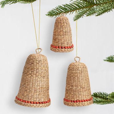 Woven Water Hyacinth Bell With Beads Set of 3