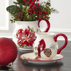 Cardinal and Poinsettia Ceramic Pitchers Set of 2