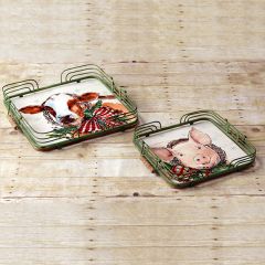 Christmas Farm Animal Metal Trays Set of 2
