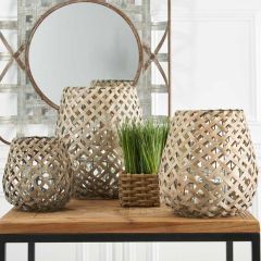 Woven Wood Hurricane Lantern Vase Set of 3