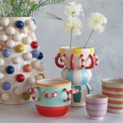 2 Piece Playful Stripes Painted Stoneware Vase and Planter Set