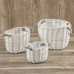 Oval Rope Handled Whitewashed Baskets Set of 3