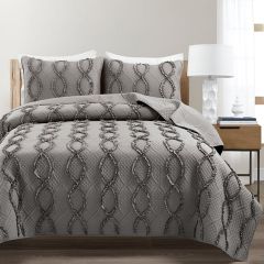 3 Piece Avon Textured Ruffle Quilt Dark Grey