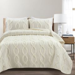 3 Piece Avon Textured Ruffle Quilt Ivory