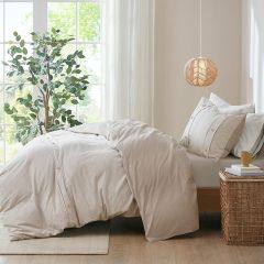 3 Piece Button Placket Natural Duvet Cover Set