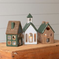 3 Piece Ceramic Village Candle Lantern Set