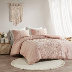 3 Piece Embroidered Geometric Blush Comforter Set