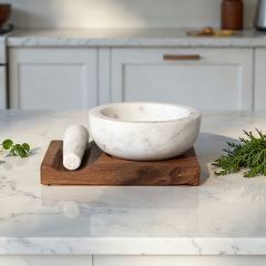 3 Piece Marble Mortar and Pestle with Base Set