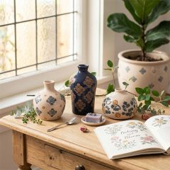 3 Piece Modern Floral Stoneware Vase Collection