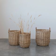 3 Piece Natural Rattan Handled Storage Basket Set