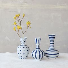 3 Piece Painted Blue Pattern Stoneware Vase Set