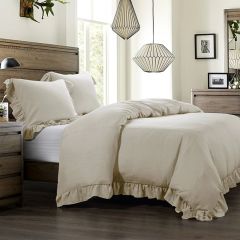 3 Piece Tan Ruffled Linen Comforter Set
