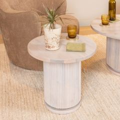 Round Ribbed Pedestal Side Table Natural Bleached