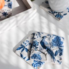 4 Piece Blue Floral Bird Coaster Set