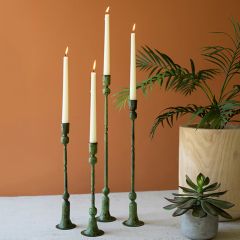 4 Piece Green Patina Forged Iron Candle Holder Collection