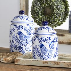 Floral And Bird Print Lidded Porcelain Jar Set of 2