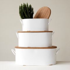 Wood Lid Metal Box With Handles Set of 3