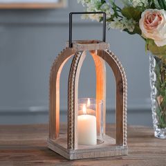 Bead Trim Wood and Iron Candle Lantern
