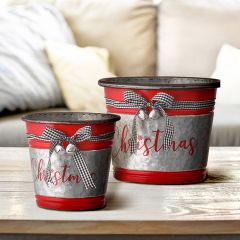 Metal Christmas Bucket With Ribbon and Bells Set of 2