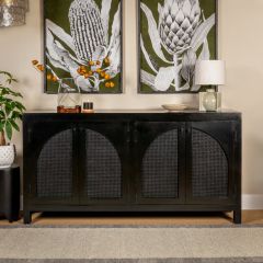 Wood And Cane Arched Door Sideboard Cabinet
