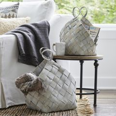 Whitewashed Woven Basket with Handles Set of 2