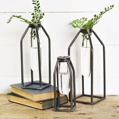 Glass Tube Vases in Tin Holders Set of 3