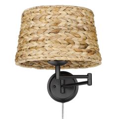 Matte Black Articulating Wall Sconce with Woven Sweet Grass Shade